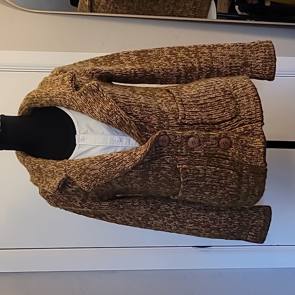 Zara Wool Cardigan Sweater Button Down Pockets Marled Gold Beige Chunky WOOL M